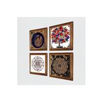 Pinecone Tavus Kuşu, Sri Yantra, Nar Ağacı Taş Duvar Tablosu - Ahşap Çerçeveli Taş Tablo - 25x25 cm - 4 Parça Set - Dekoratif Duvar Sanatı - Modern Ev ve Ofis Duvar Dekoru W4-1016