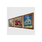 Pinecone Van Gogh Auvers'deki Kilise, Kelebekli Çiçek, Nar Taş Duvar Tablosu - Ahşap Çerçeveli Taş Tablo - 25x25 cm - 3 Parça Set - Dekoratif Duvar Sanatı - Modern Ev ve Ofis Duvar Dekoru W3-1195