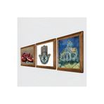 Pinecone Van Gogh Auvers'deki Kilise, Nar, Fatma Ana Eli (Hamsa) Taş Duvar Tablosu - Ahşap Çerçeveli Taş Tablo - 25x25 cm - 3 Parça Set - Dekoratif Duvar Sanatı - Modern Ev Duvar Dekoru W3-775