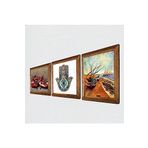 Pinecone Van Gogh Balıkçı Tekneleri, Nar, Fatma Ana Eli (Hamsa) Taş Duvar Tablosu - Ahşap Çerçeveli Taş Tablo - 25x25 cm - 3 Parça Set - Dekoratif Duvar Sanatı - Modern Ev ve Ofis Duvar Dekoru W3-772