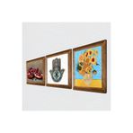 Pinecone Van Gogh On İki Ayçiçekli Vazo, Nar, Fatma Ana Eli (Hamsa) Taş Duvar Tablosu - Ahşap Çerçeveli Taş Tablo - 25x25 cm - 3 Parça Set - Dekoratif Duvar Sanatı - Modern Ev Duvar Dekoru W3-771