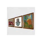Pinecone Van Gogh Yatak Odası, Nar, Fatma Ana Eli (Hamsa) Taş Duvar Tablosu - Ahşap Çerçeveli Taş Tablo - 25x25 cm - 3 Parça Set - Dekoratif Duvar Sanatı - Modern Ev ve Ofis Duvar Dekoru W3-774
