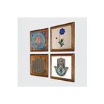 Pinecone Yaşam Çiçeği, Ebru Sanatı, Fatma Ana Eli (Hamsa) Taş Duvar Tablosu - Ahşap Çerçeveli Taş Tablo - 25x25 cm - 4 Parça Set - Dekoratif Duvar Sanatı - Modern Ev ve Ofis Duvar Dekoru W4-408