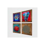 Pinecone Yaşam Çiçeği, Fil, Hayat Ağacı, Nar Taş Duvar Tablosu - Ahşap Çerçeveli Taş Tablo - 25x25 cm - 4 Parça Set - Dekoratif Duvar Sanatı - Modern Ev ve Ofis Duvar Dekoru W4-873