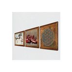 Pinecone Yaşam Çiçeği, Leonardo da Vinci At Heykeli, Nar Taş Duvar Tablosu - Ahşap Çerçeveli Taş Tablo - 25x25 cm - 3 Parça Set - Dekoratif Duvar Sanatı - Modern Ev ve Ofis Duvar Dekoru W3-1353