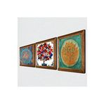 Pinecone Yaşam Çiçeği, Lotus Çiçeği, Nar Ağacı Taş Duvar Tablosu - Ahşap Çerçeveli Taş Tablo - 25x25 cm - 3 Parça Set - Dekoratif Duvar Sanatı - Modern Ev ve Ofis Duvar Dekoru W3-106