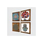 Pinecone Yaşam Çiçeği, Nar Ağacı, Fatma Ana Eli (Hamsa) Taş Duvar Tablosu - Ahşap Çerçeveli Taş Tablo - 25x25 cm - 4 Parça Set - Dekoratif Duvar Sanatı - Modern Ev ve Ofis Duvar Dekoru W4-401