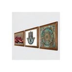 Pinecone Yaşam Çiçeği, Nar, Fatma Ana Eli (Hamsa) Taş Duvar Tablosu - Ahşap Çerçeveli Taş Tablo - 25x25 cm - 3 Parça Set - Dekoratif Duvar Sanatı - Modern Ev ve Ofis Duvar Dekoru W3-748