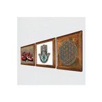 Pinecone Yaşam Çiçeği, Nar, Fatma Ana Eli (Hamsa) Taş Duvar Tablosu - Ahşap Çerçeveli Taş Tablo - 25x25 cm - 3 Parça Set - Dekoratif Duvar Sanatı - Modern Ev ve Ofis Duvar Dekoru W3-783