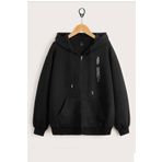 Pink Sky Dikey Hırka - Siyah Baskılı Kışlık Oversize Kapüşonlu Fermuarlı Cep Detaylı Hırka