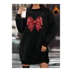 Pink Sky Kadın Kırmızı Kurdele Baskılı Siyah Oversize Sweatshirt Elbise