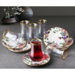 Pinkev 6 Kişilik Seramik Tabaklı Çay Bardağı Seti Flora