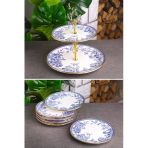 Pinkev Butterfly 7 Parça Seramik Pasta Tabağı Katlı Kurabiyelik Sunum Seti - Kup121s