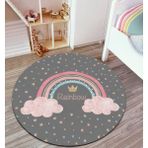 Pinkie Home Dijital Baskı Kaymaz Makinede Yıkanabilir Leke Tutmaz Gri Gökkuşağı Desenli Yuvarlak Çocuk Odası Halısı Oyun Halısı-3 - Gri - Pembe - 140 x 140 cm