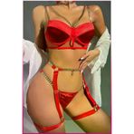 PİNKSTORE PS0039 Kırmızı Merdiven Zincirli Göğüs Balenli Kadın Seksi Jartiyer Takım