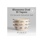 PINKU Ceramics Blossoms Oval El Yapımı Seramik 3'lü Kahvaltı Kase Seti-zeytin, Reçel Çerez Sunum