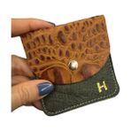 Pinkylola Design Pinkylola Design-Kare Model H Harfli Taba Renk Kroko Baskılı & Haki Hakiki Deri Mini Bozuk Para Cüzdanı ,airpod Kılıfı - Camel - Haki