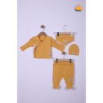 Pino Baby Babyhola Prematüre Serisi 48CM Hastane Çıkışı Kruvaze Üst Patikli Alt Önlük Bere %100 Pamuk 4'lü Takım 22415 - Hardal - Standart