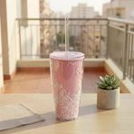 Pipetli Çift Katmanlı Soğuk İçecek Bardağı – Boncuklu Tasarımlı Kapaklı Pipetli Bardak 20 Cm, Smoothie Soğuk İçecekler Için Yeniden Kullanılabilir Bardak
