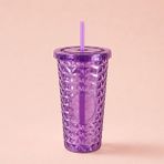 Pipetli Mika Bardak 500 ml, Kapaklı ve Pipetli İçecek Bardağı, Soğuk Kahve Meşrubat Smoothie ve Günlük Kullanım İçin Pratik Plastik Bardak (Mor)