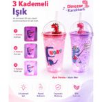 Pipetli Suluk Dinazor Temalı Buz Görünümlü LED Işıklı 450 ml Çift Katman Mika Su Şişesi - Açık Mor