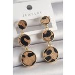 Pirinç Gold Renk 3'Lü Leopar Desenli Sallantı Daire Plaka Model Kadın Küpe - EBJ241228W30192