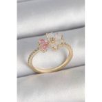 Pirinç Gold Renk Beyaz Mineli Pembe Zirkon Taşlı Çiçek Model Kadın Yüzük -1492