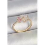 Pirinç Gold Renk Beyaz Mineli Pembe Zirkon Taşlı Çiçek Model Kadın Yüzük Vice1395 4622