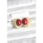 Pirinç Gold Renk Bordo Boncuklu Oval Vintage Kadın Küpe (Timya/1395) 195533
