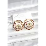 Pirinç Gold Renk Bordo Mineli Geometrik Gül Model Küpe