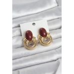 Pirinç Gold Renk Bordo Taşlı Kadın Küpe