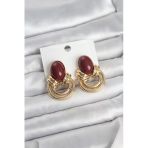 Pirinç Gold Renk Bordo Taşlı Vintage Kadın Küpe - Tj-Bkp11679