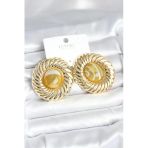 Pirinç Gold Renk Kehribar Boncuklu Vintage Kadın Küpe - Tj-Bkp11387