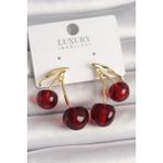 Pirinç Gold Renk Kırmızı Kiraz Model Kadın Küpe - Lisinya - 001-Renkli