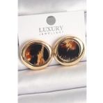Pirinç Gold Renk Leopar Desen Daire Model Kadın Küpe
