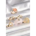 Pirinç Gold Renk Pembe Plastik Yüzük Model Daire Pembe Mine Yılan Detay 6'Lı Kadın Yüzük Seti 5886