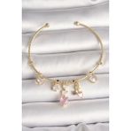 Pirinç Gold Renk Sallantı Zirkon Taşlı Kalp Figür Pembe Kalp Detay Charm Kadın Bileklik - Lisinya - 001-Renkli