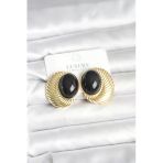 Pirinç Gold Renk Siyah Boncuklu Oval Vintage Kadın Küpe - Tj-Bkp11390