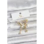 Pirinç Gold Renk Zirkon Taşlı Gece Temalı 3'Lü Kadın Küpe