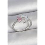 Pirinç Gümüş Renk Beyaz Mineli Pembe Zirkon Taşlı Çiçek Model Kadın Yüzük - Lisinya - 001-Renkli