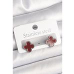 Pirinç Gümüş Renk Bordo Yonca Model Kadın Küpe - Tj-Bkp10359