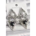 Pirinç Gümüş Renk Sallantı Üçgen Model İnci Detay Kadın Küpe 5886