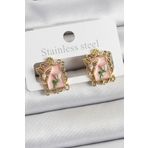 Pirinç Pembe Mineli Sanatsal Portre Model Gold Renk Kadın Küpe - EBJ250605W34596