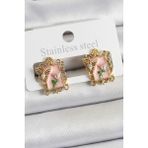 Pirinç Pembe Mineli Sanatsal Portre Model Gold Renk Kadın Küpe - Lisinya - 001-Renkli