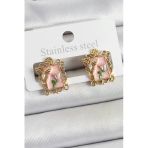 Pirinç Pembe Mineli Sanatsal Portre Model Gold Renk Küpe