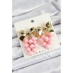 Pirinç Sallantılı Pembe Boncuklu Fiyonk Vintage Model Gold Renk Kadın Küpe - Lisinya - 001-Renkli