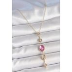 Pirinç Zincir Gold Renk Pembe Zirkon Taşlı Y Kolye SL11904