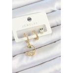 Pirinç Zirkon Taşlı Göz ve Baykuş Model Gold Renk 3'lü Çift Kadın Küpe Set - Lisinya - 001-Renkli