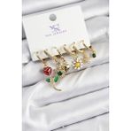 Pirinç Zirkon Taşlı Gül Ve Papatya Model Gold Renk 3'lü Çift Kadın Küpe - Tj-Bkp10957