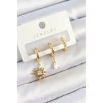 Pirinç Zirkon Taşlı Güneş Model Gold Renk 3'lü Çift Kadın Küpe Set - Lisinya - 001-Renkli